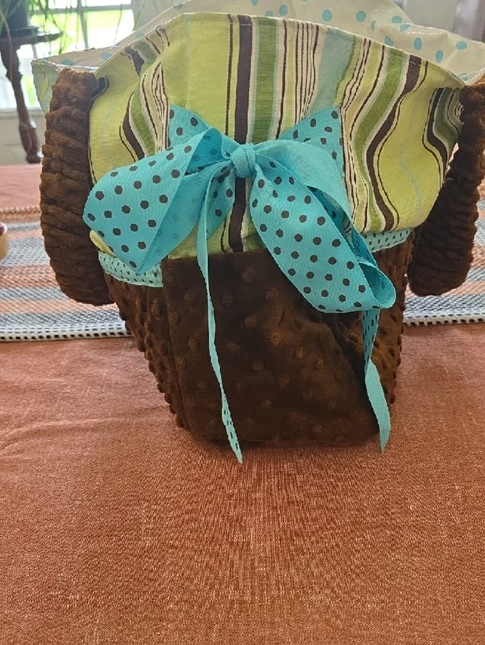 Striped Green and Brown Baby Bag with Blue Accents